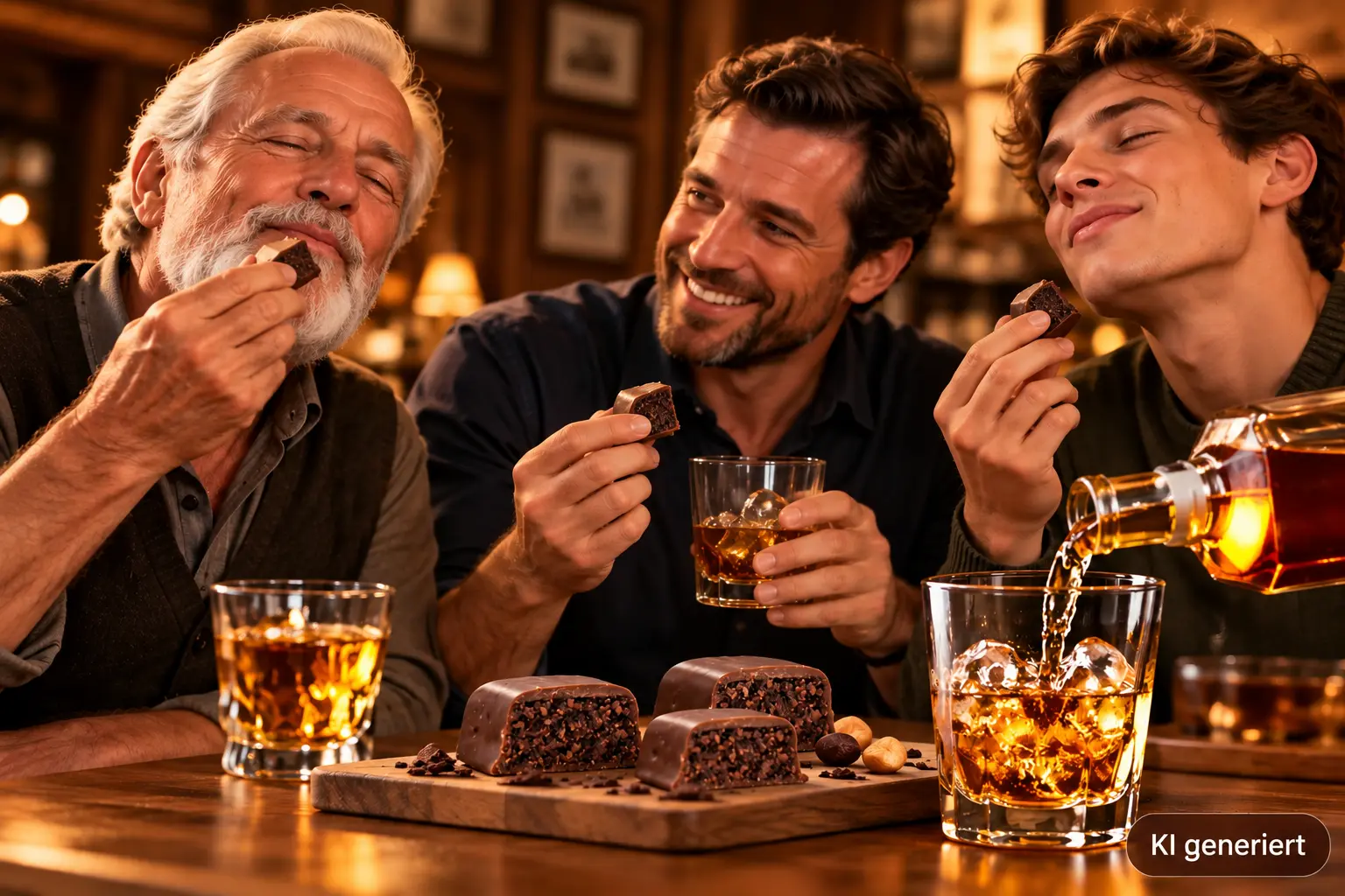 3 Generationen Männer genießen das Whiskey Konfekt