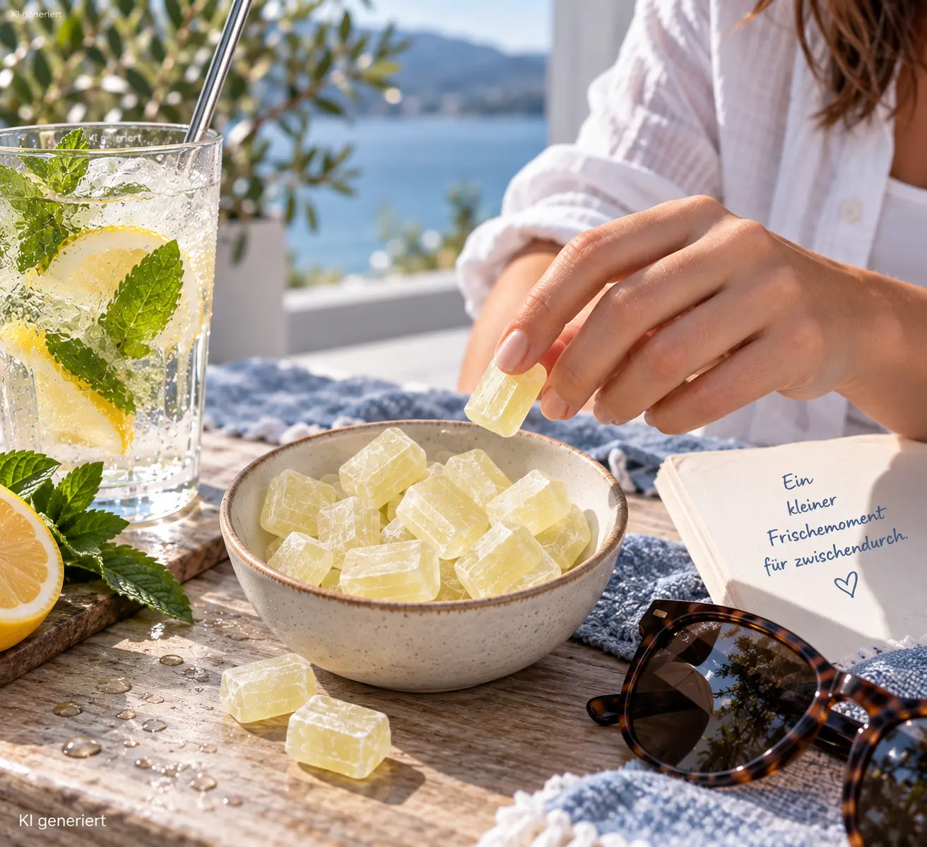 Blockeis Bonbon wird von Frau gegessen am Meer