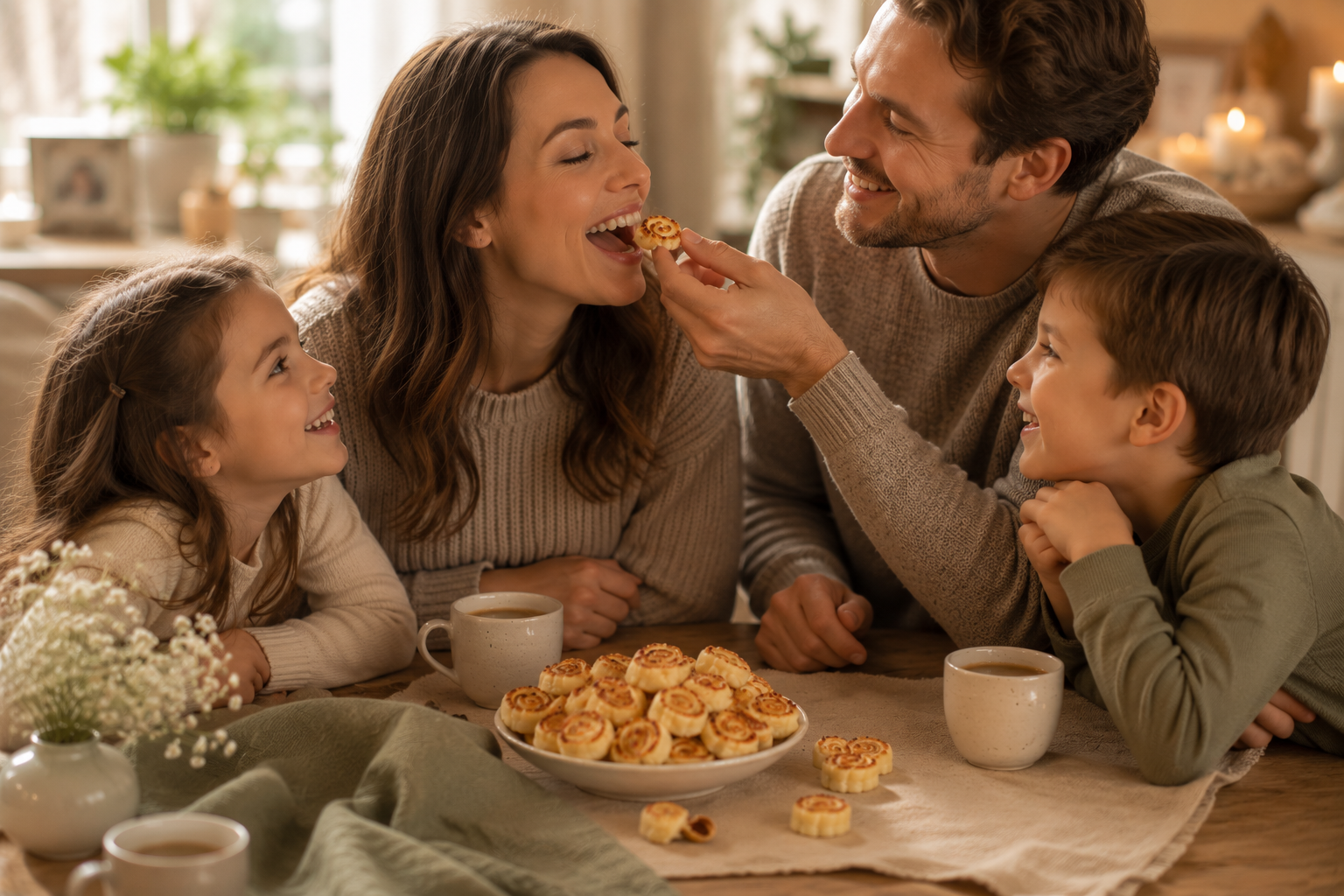 Familie isst gemeinsam Königsberger Bruch Mandelmomente