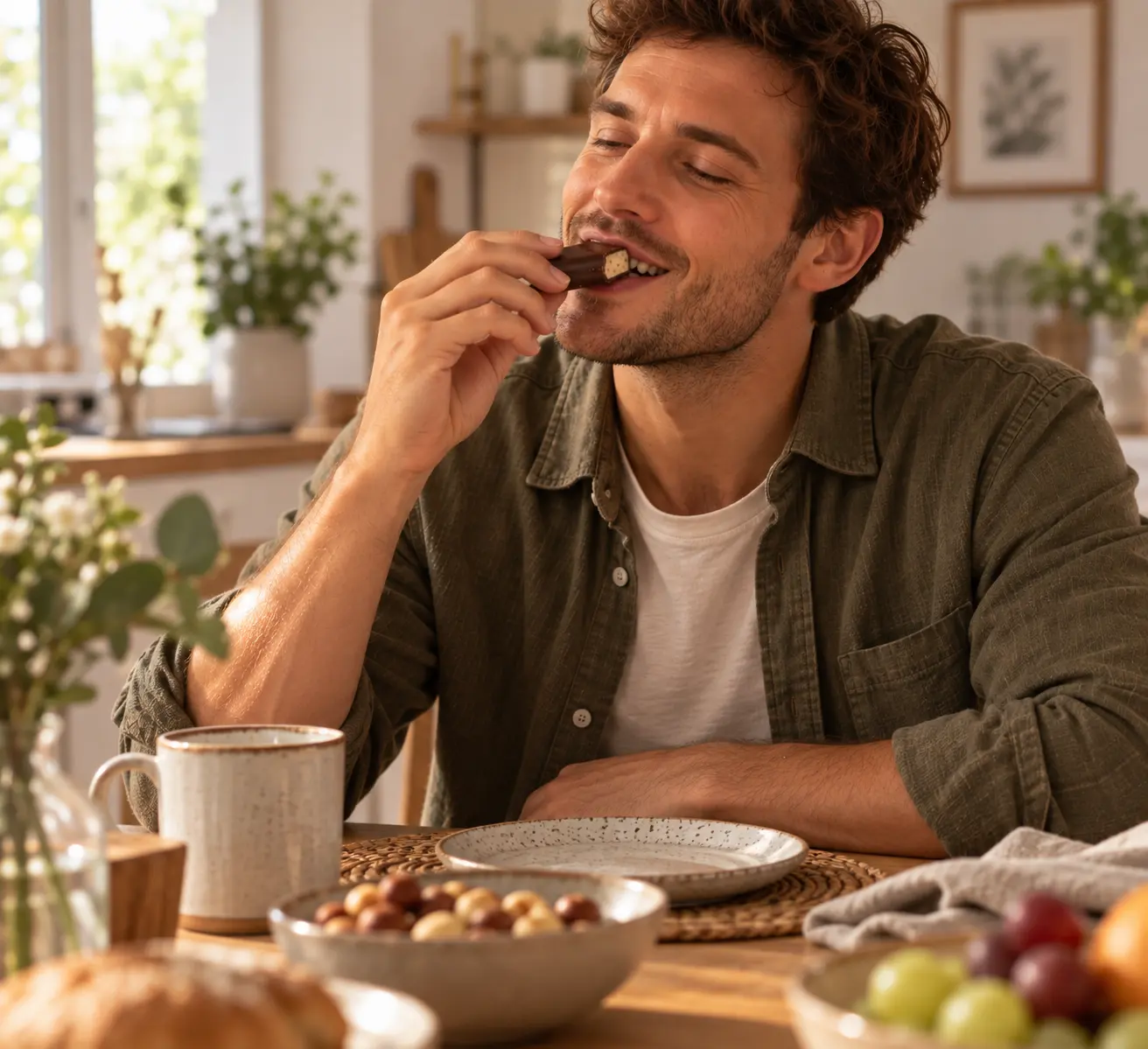 Mann genießt das Marzipanbrot mit Nougat