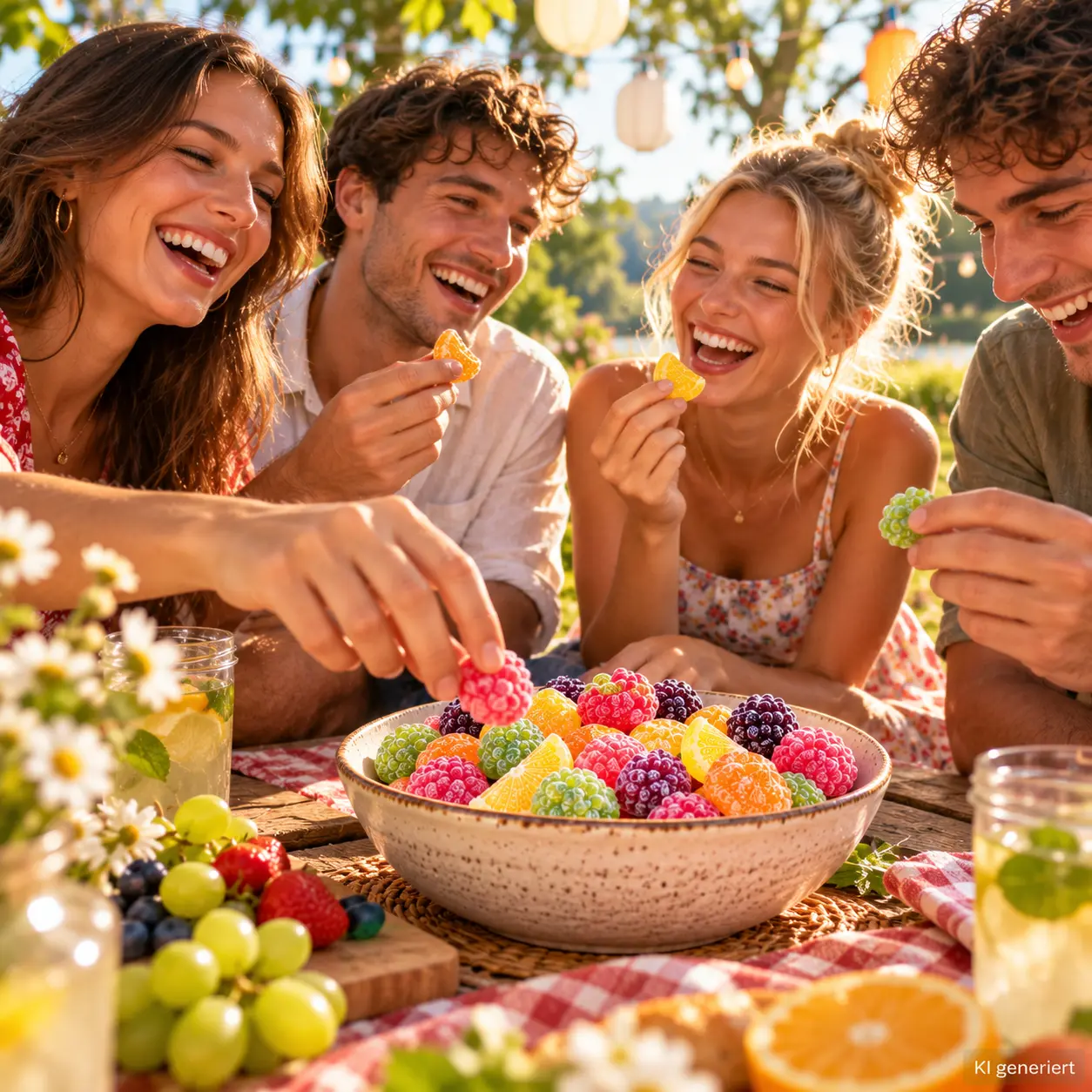 Fruchtsalat Bonbons werden von jungen Erwachsenen gegessen, die gerade lachen