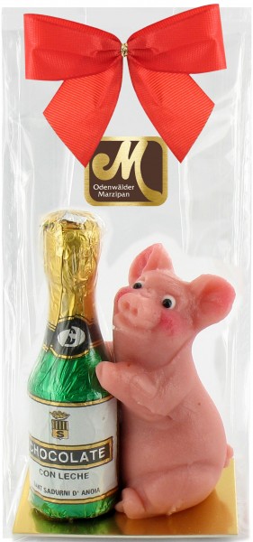 Schwein mit Schokosektflasche
